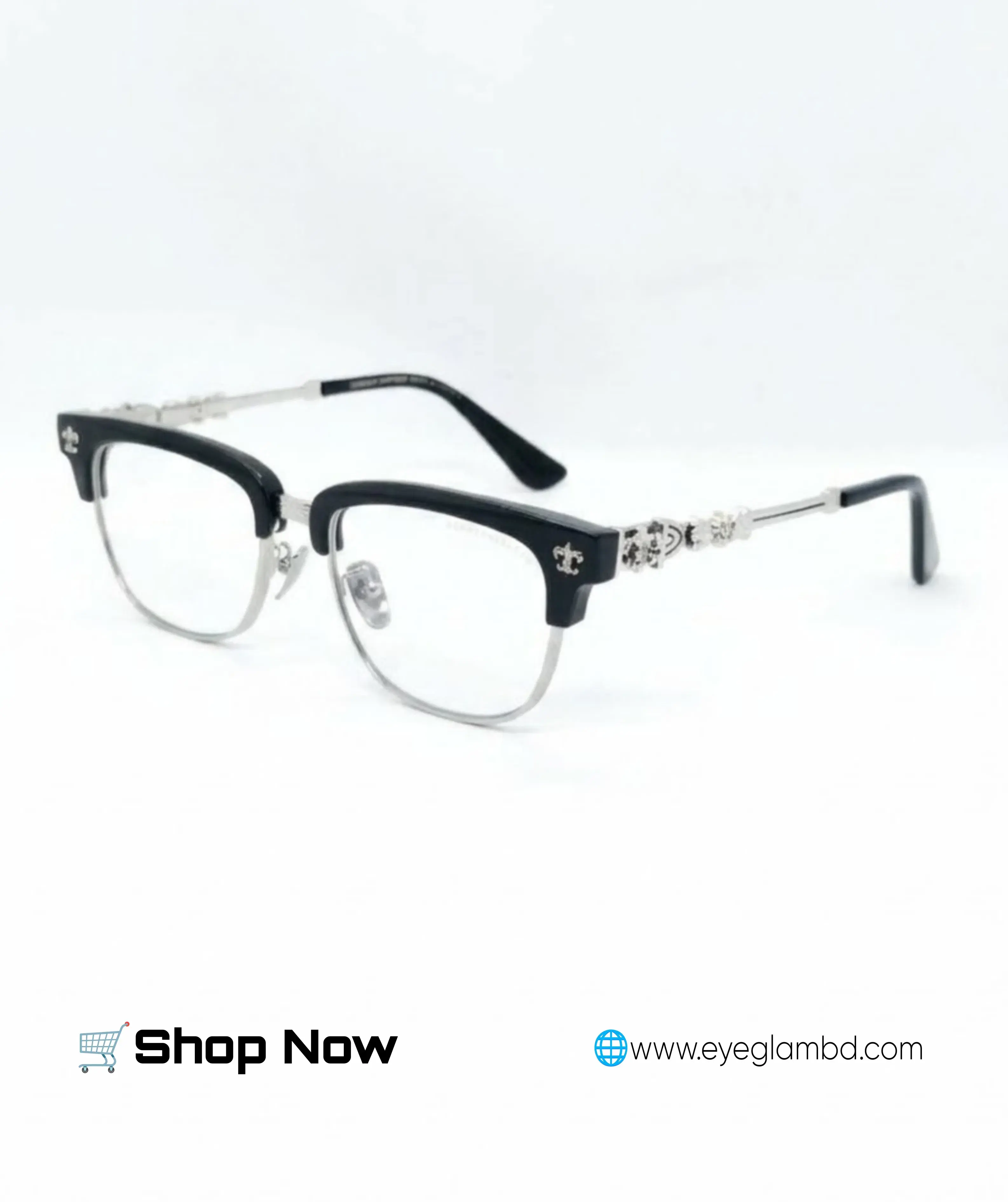 Chrome Hearts Clubmaster-style black and silver half-frame eyeglasses 
